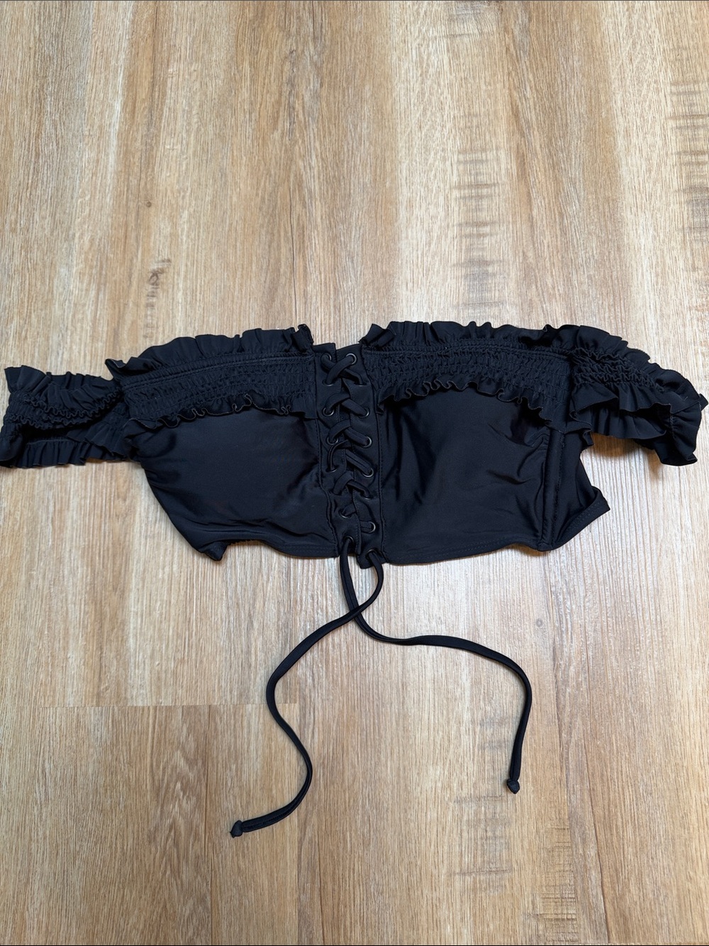 Black Off-Shoulder Lace-Up Swim Top